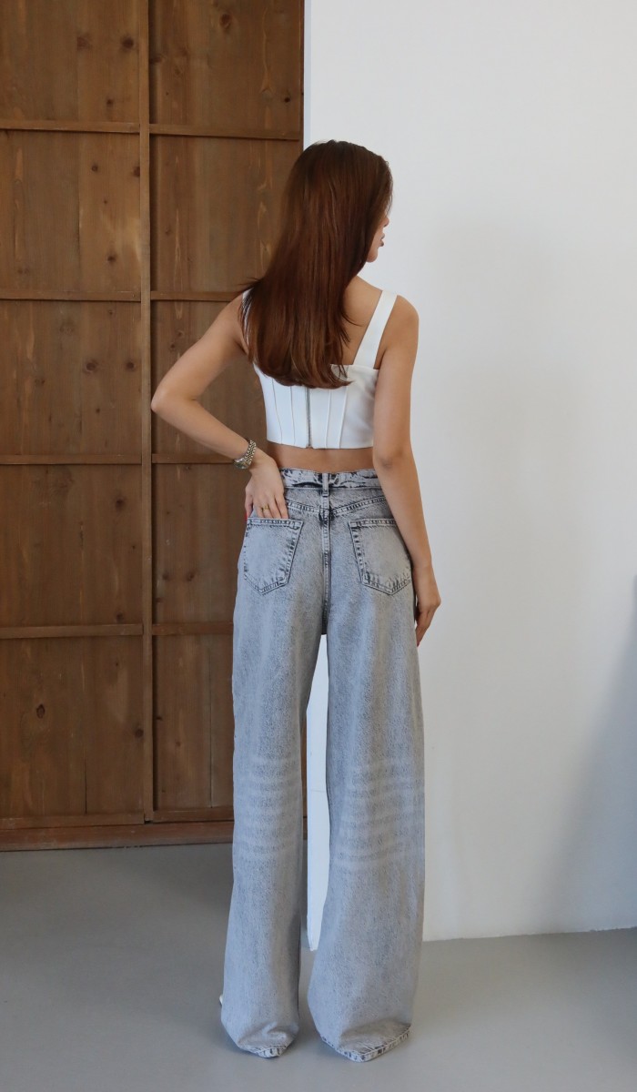 Yüksek Bel Ters Kemer Detaylı Wide Leg Kalıp Gri Jean Pantolon