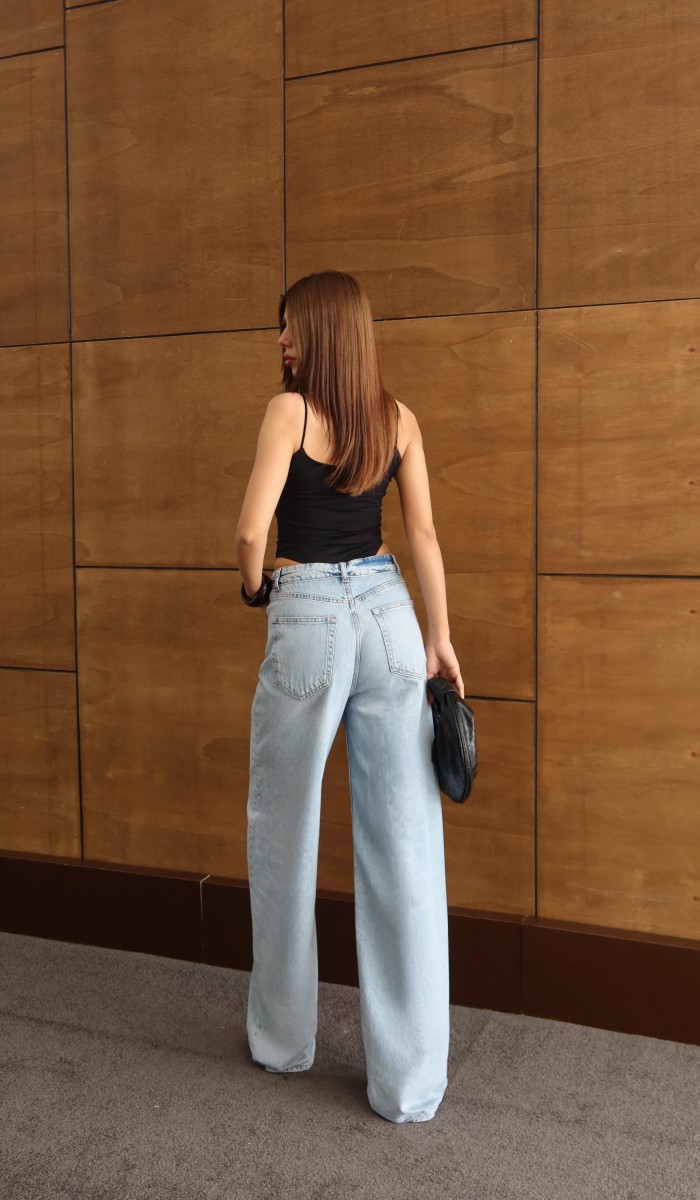 Düşük Bel Lazer Detaylı Wide Leg Kalıp Ice Blue Jean Pantolon