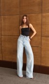 Düşük Bel Lazer Detaylı Wide Leg Kalıp Ice Blue Jean Pantolon