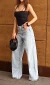 Düşük Bel Lazer Detaylı Wide Leg Kalıp Ice Blue Jean Pantolon