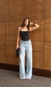 Düşük Bel Lazer Detaylı Wide Leg Kalıp Ice Blue Jean Pantolon