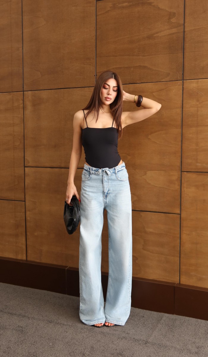 Düşük Bel Lazer Detaylı Wide Leg Kalıp Ice Blue Jean Pantolon