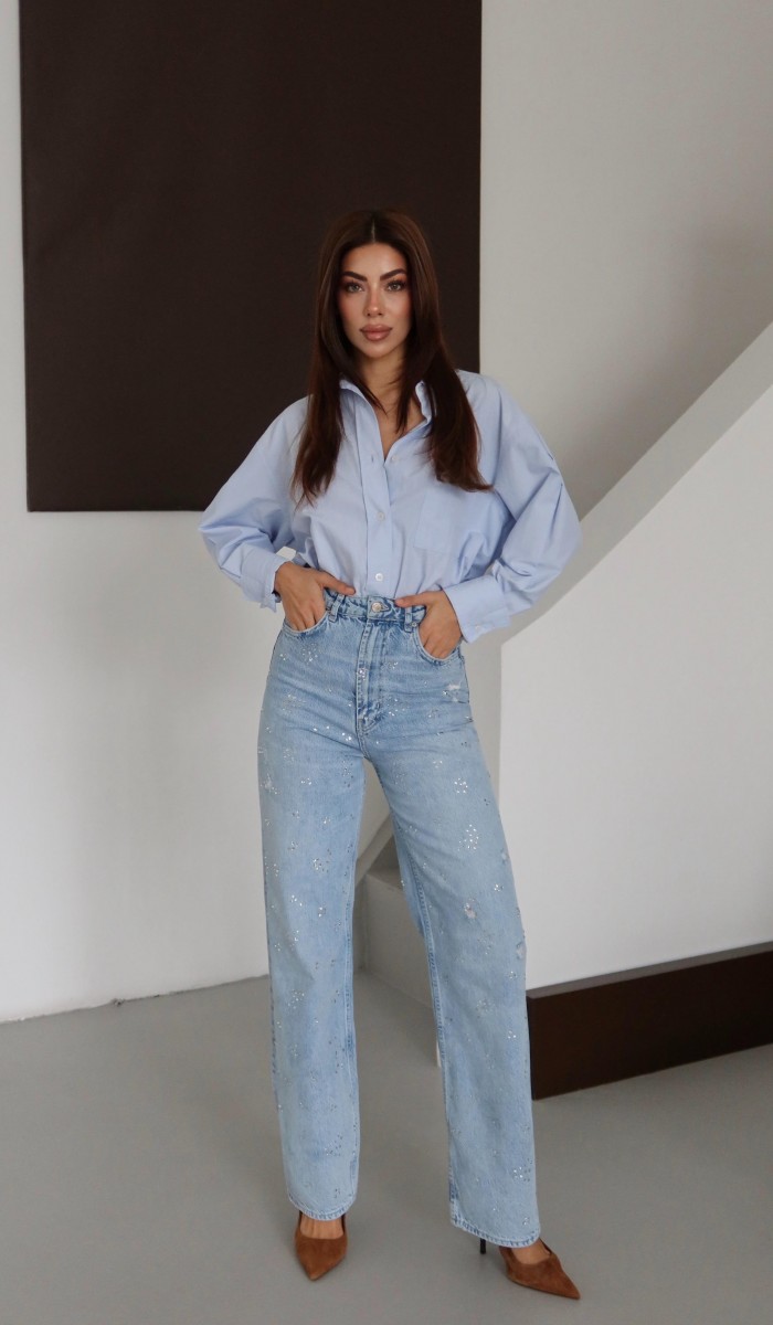 Yüksek Bel Taş Detaylı Lıght Blue Jean Pantolon
