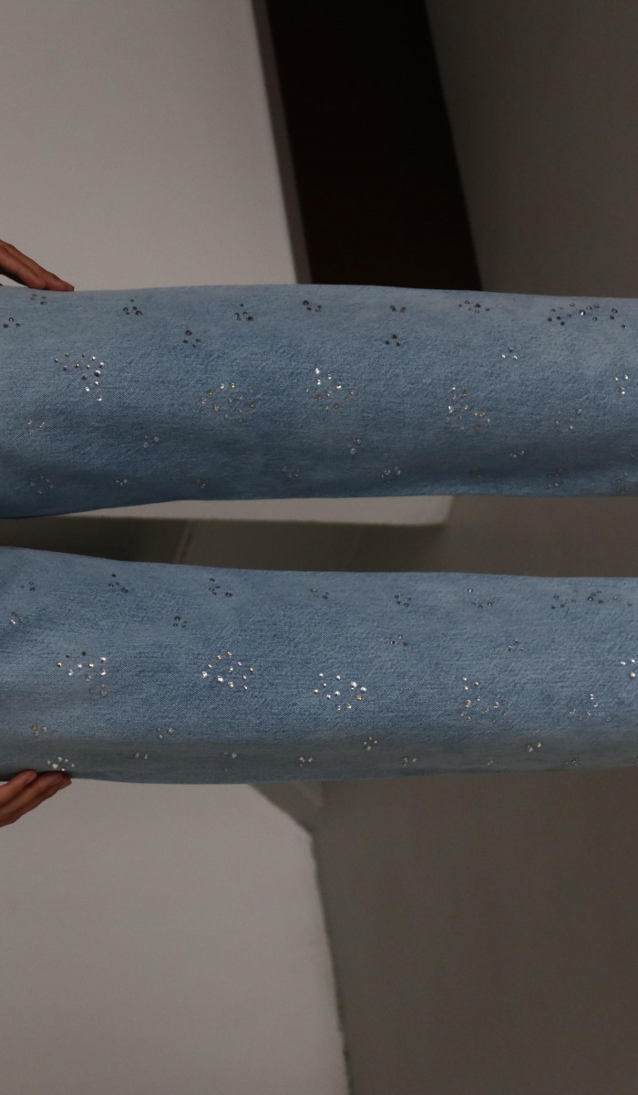 Yüksek Bel Taş Detaylı Lıght Blue Jean Pantolon