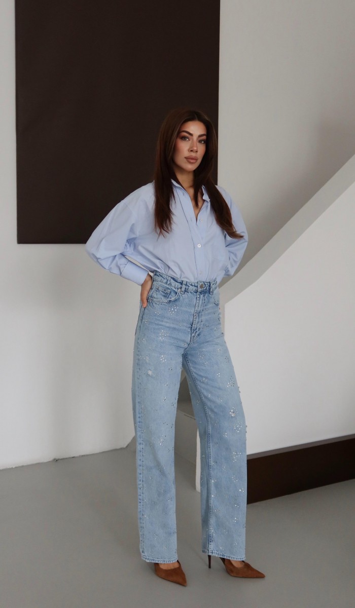 Yüksek Bel Taş Detaylı Lıght Blue Jean Pantolon