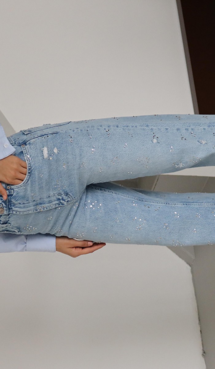 Yüksek Bel Taş Detaylı Lıght Blue Jean Pantolon