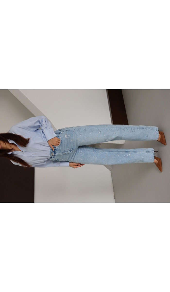 Yüksek Bel Taş Detaylı Lıght Blue Jean Pantolon