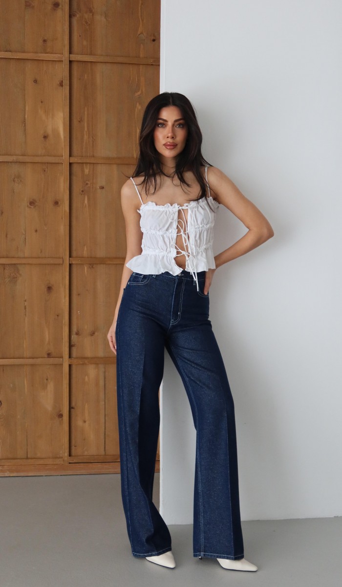 Yüksek Bel Sim Detaylı Wideleg Kalıp Rinse Silver Simli Jean Pantolon