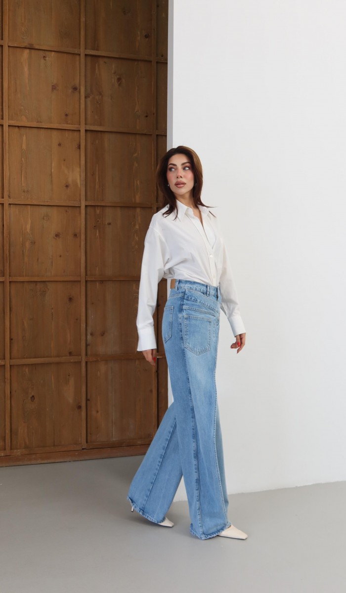 Yüksek Bel Ön Çapraz Kapama Detaylı Blue Jean Pantolon