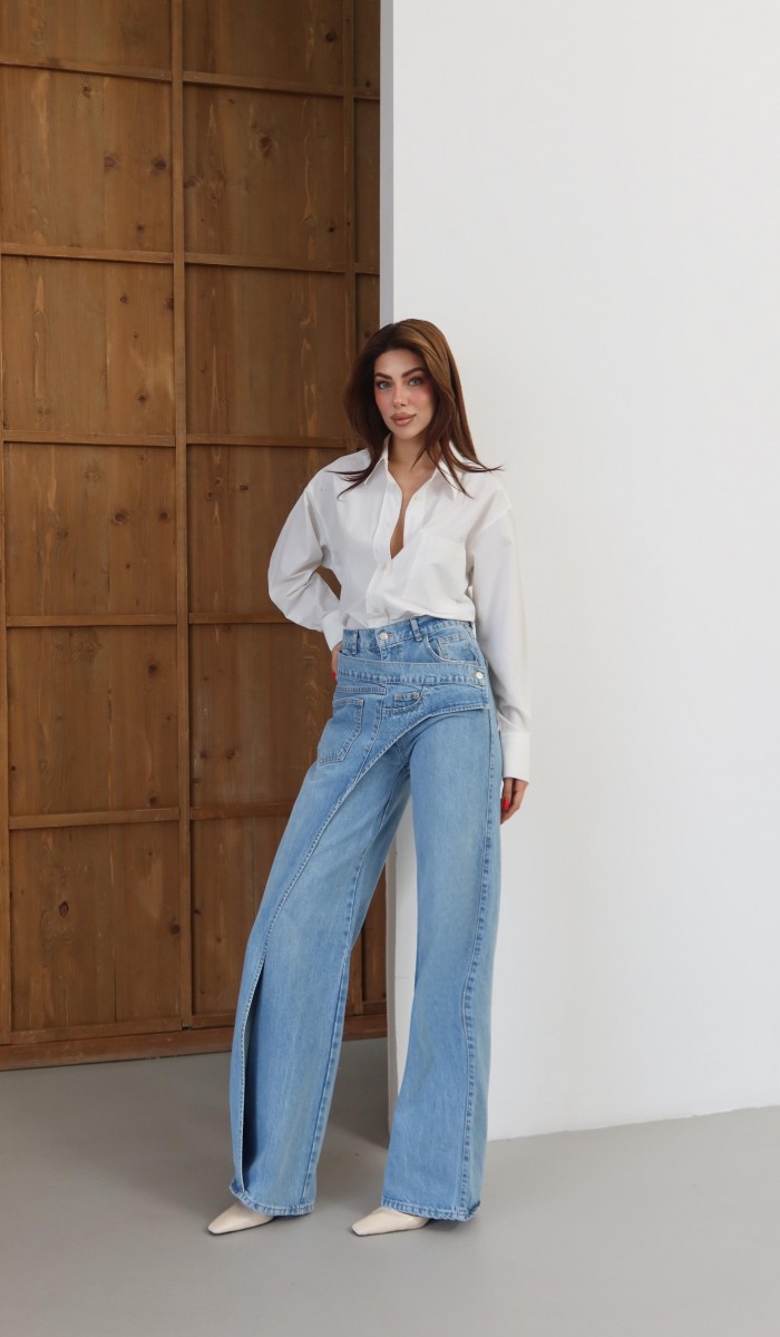 Yüksek Bel Ön Çapraz Kapama Detaylı Blue Jean Pantolon