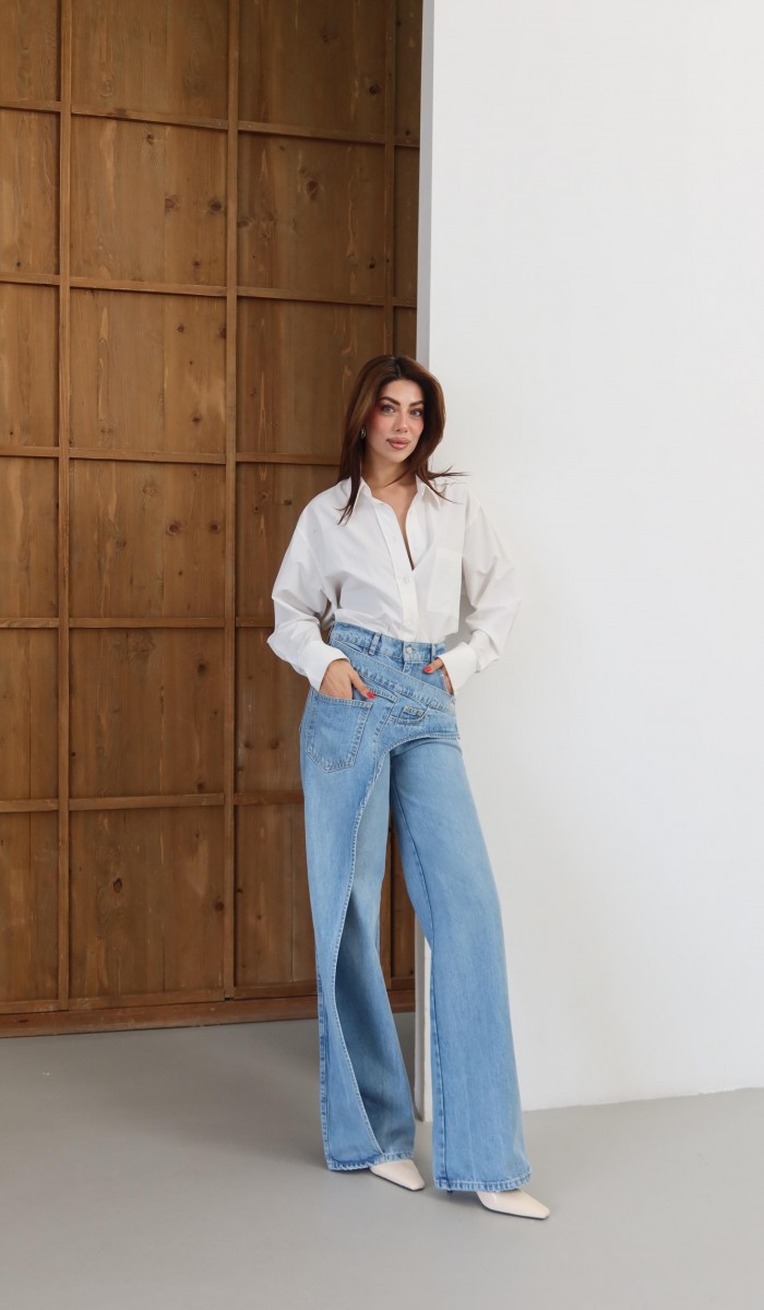 Yüksek Bel Ön Çapraz Kapama Detaylı Blue Jean Pantolon
