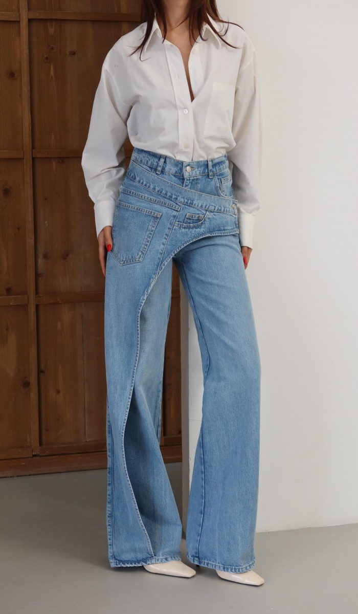 Yüksek Bel Ön Çapraz Kapama Detaylı Blue Jean Pantolon