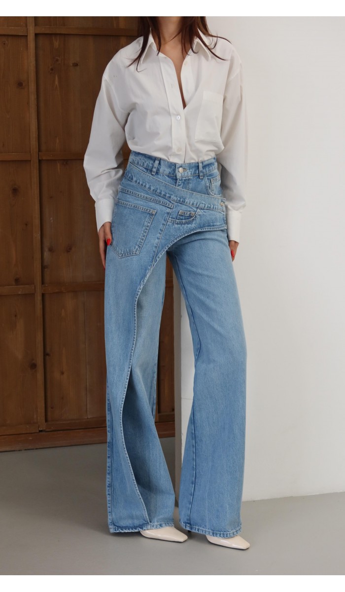 Yüksek Bel Ön Çapraz Kapama Detaylı Blue Jean Pantolon