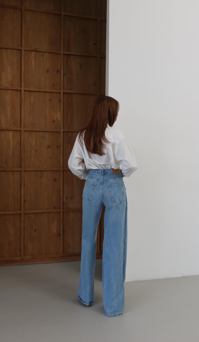 Yüksek Bel Ön Çapraz Kapama Detaylı Blue Jean Pantolon
