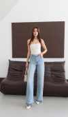 Yüksek Bel Wide leg Kalıp Yan Taraf Dantel Detaylı Bej Tint Jean Pantolon