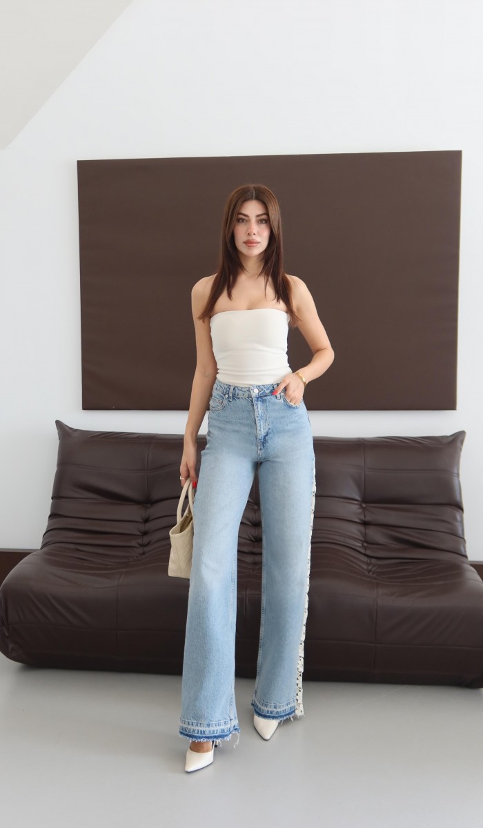 Yüksek Bel Wide leg Kalıp Yan Taraf Dantel Detaylı Bej Tint Jean Pantolon