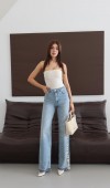 Yüksek Bel Wide leg Kalıp Yan Taraf Dantel Detaylı Bej Tint Jean Pantolon