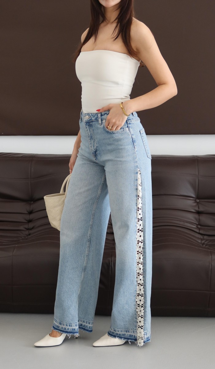 Yüksek Bel Wide leg Kalıp Yan Taraf Dantel Detaylı Bej Tint Jean Pantolon