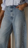 Yüksek Bel Baloon Kalıp Halka Taş Detaylı Light Blue  Jean Pantolon