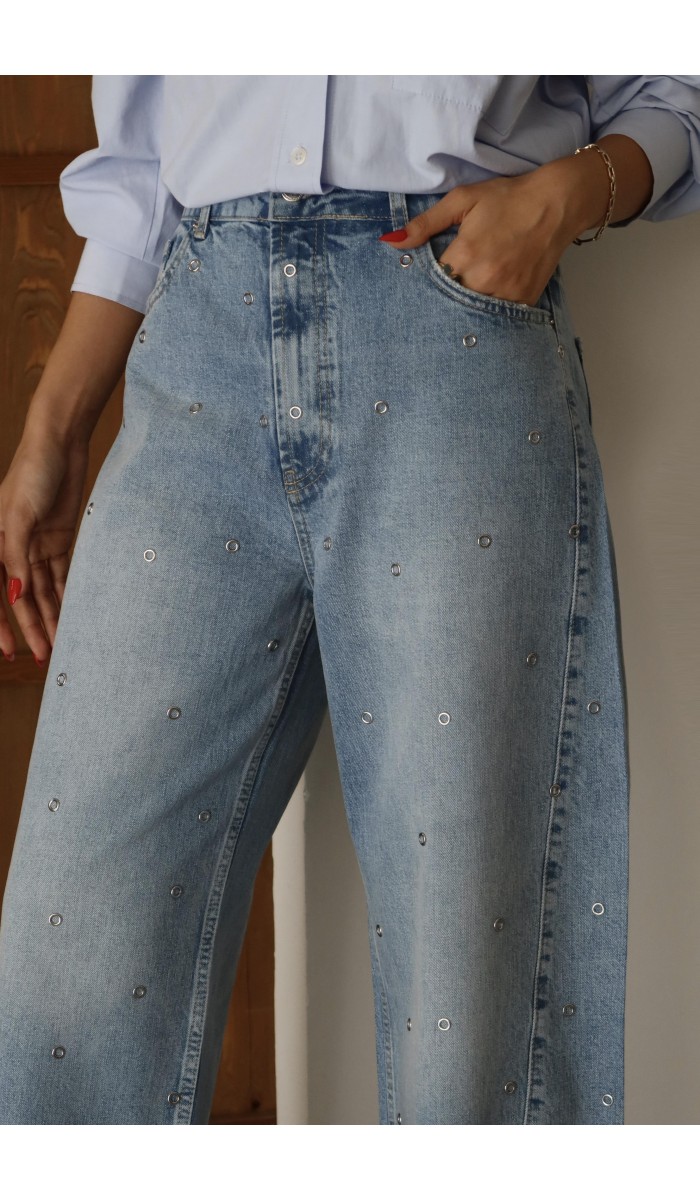 Yüksek Bel Baloon Kalıp Halka Taş Detaylı Light Blue  Jean Pantolon