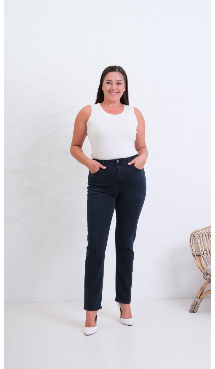 Yüksek Bel  Battal Kesim Boru Paça Blue Black Jean Pantolon