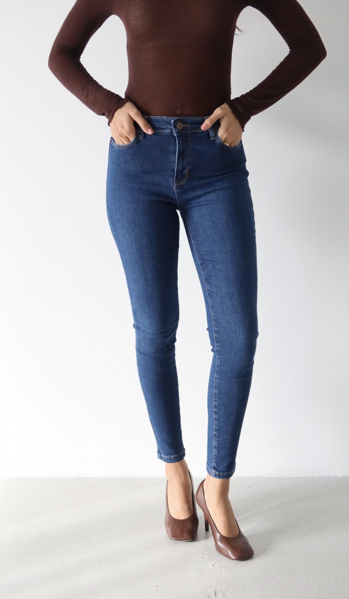 Yüksek Bel Dar Paça Dark Blue Kadın Jean Pantolon