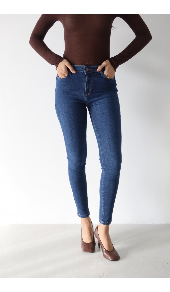 Yüksek Bel Dar Paça Dark Blue Kadın Jean Pantolon