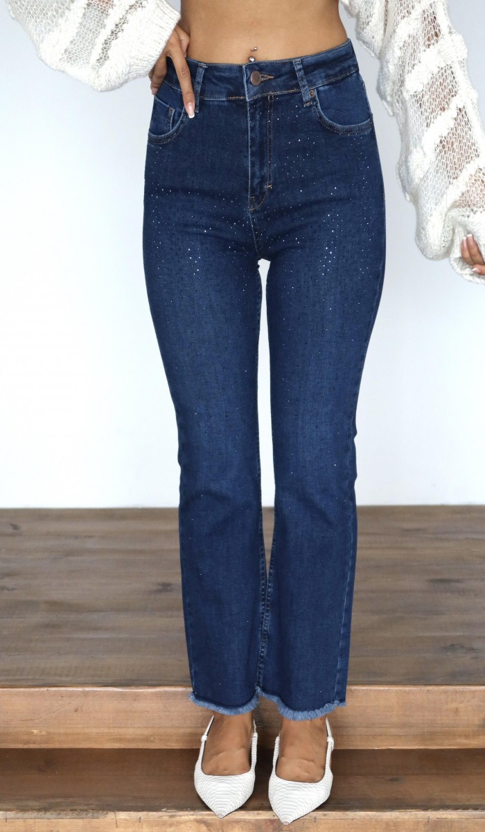 Yüksek Bel Paça Püskül Detaylı Taş İşlemeli Dark Blue Jean Pantolon