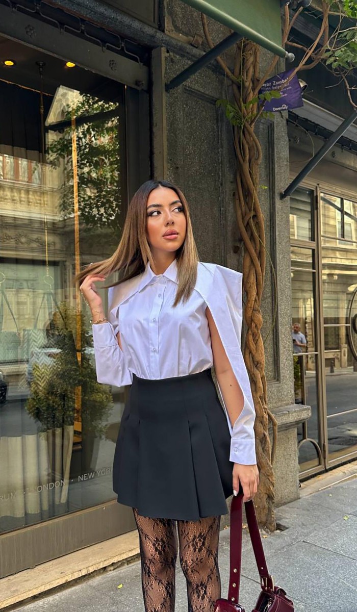 Beyaz Kol Detaylı Poplin Gömlek L