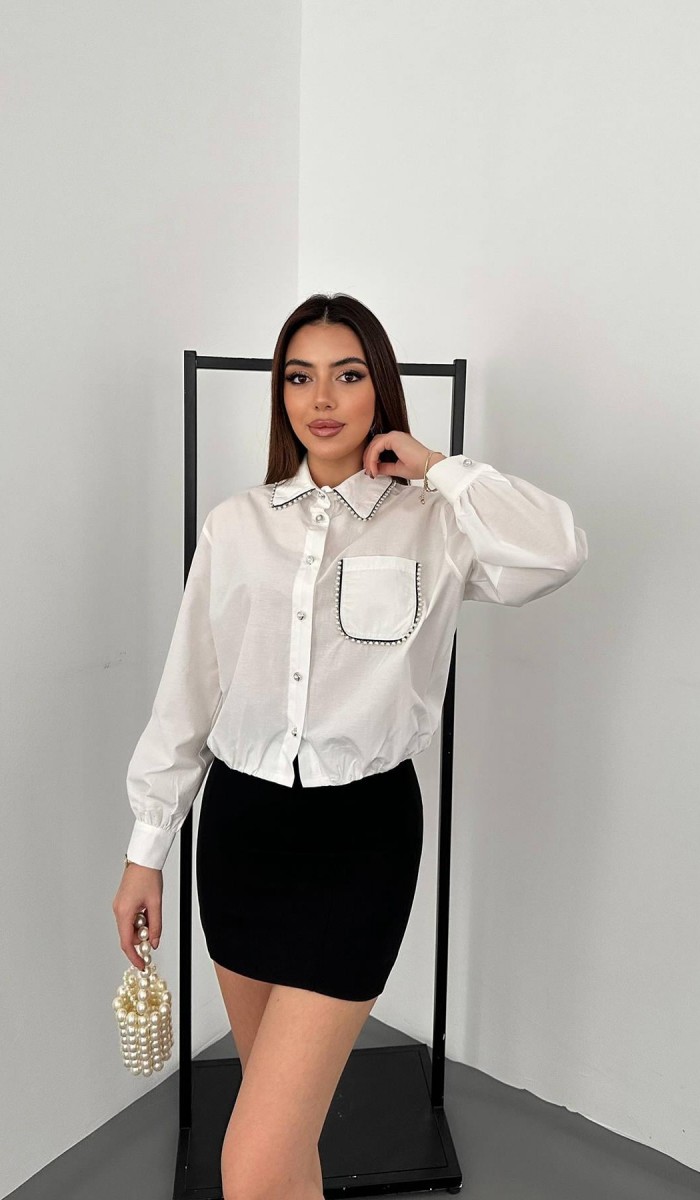 Beyaz Taşlı Poplin Gömlek L