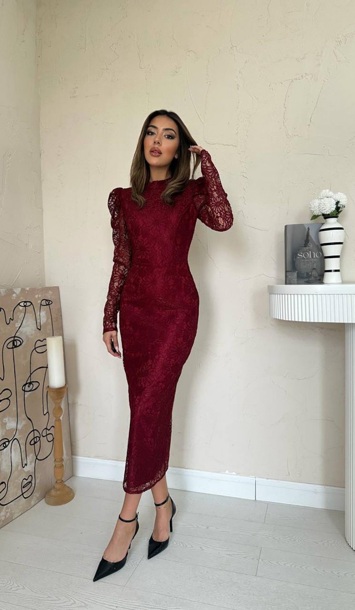 Bordo Dantelli Kolları Kabarık Elbise L Bordo Dantelli Kolları Kabarık Elbise L