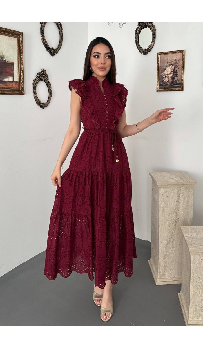 Bordo Fırfırlı Düğmeli Elbise L Bordo Fırfırlı Düğmeli Elbise L