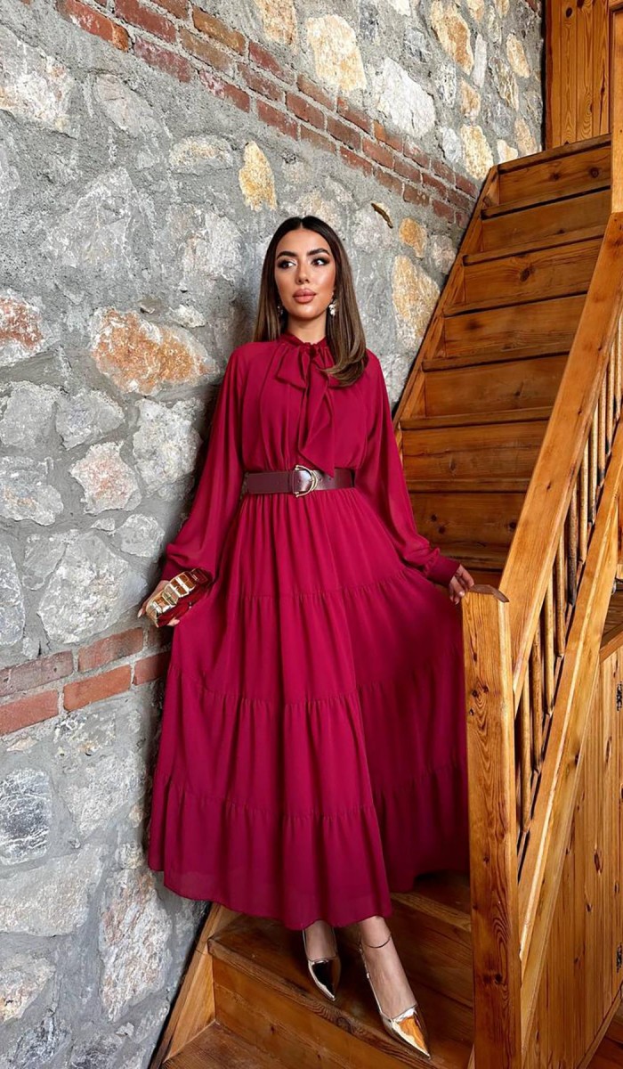 Bordo Fular Yaka Detaylı Şifon Elbise L Bordo Fular Yaka Detaylı Şifon Elbise L