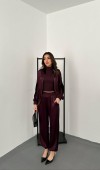 Bordo Kadife Şeritli Saten Eşofman Takımı L