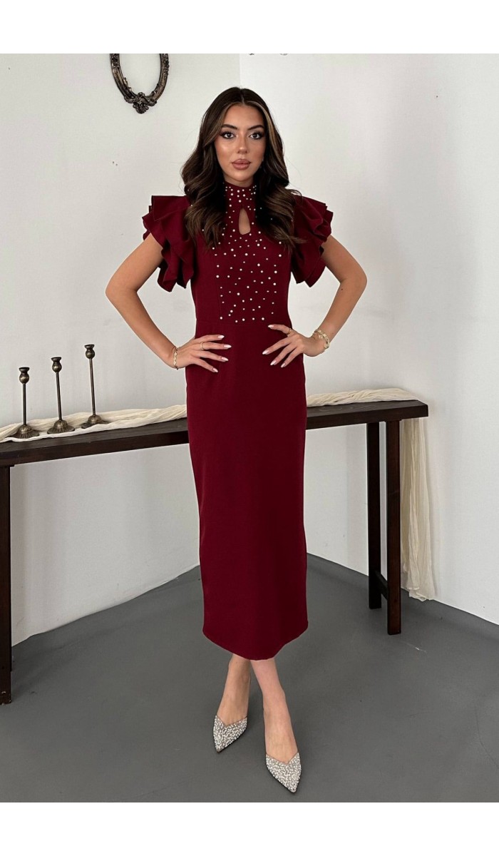 Bordo Işıltılı Elbise L