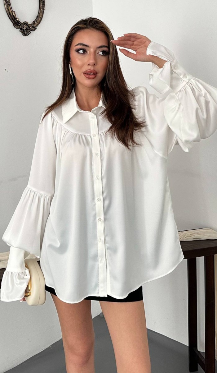 Ekru Saten Fırfırlı Gömlek STD