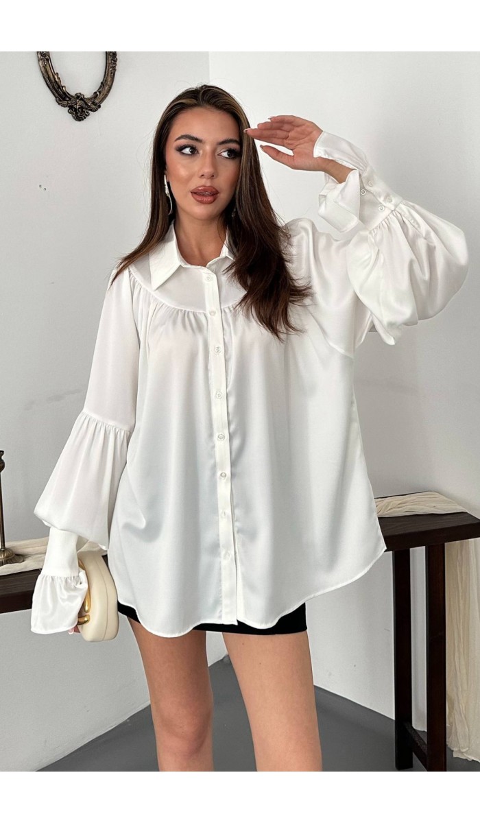 Ekru Saten Fırfırlı Gömlek STD