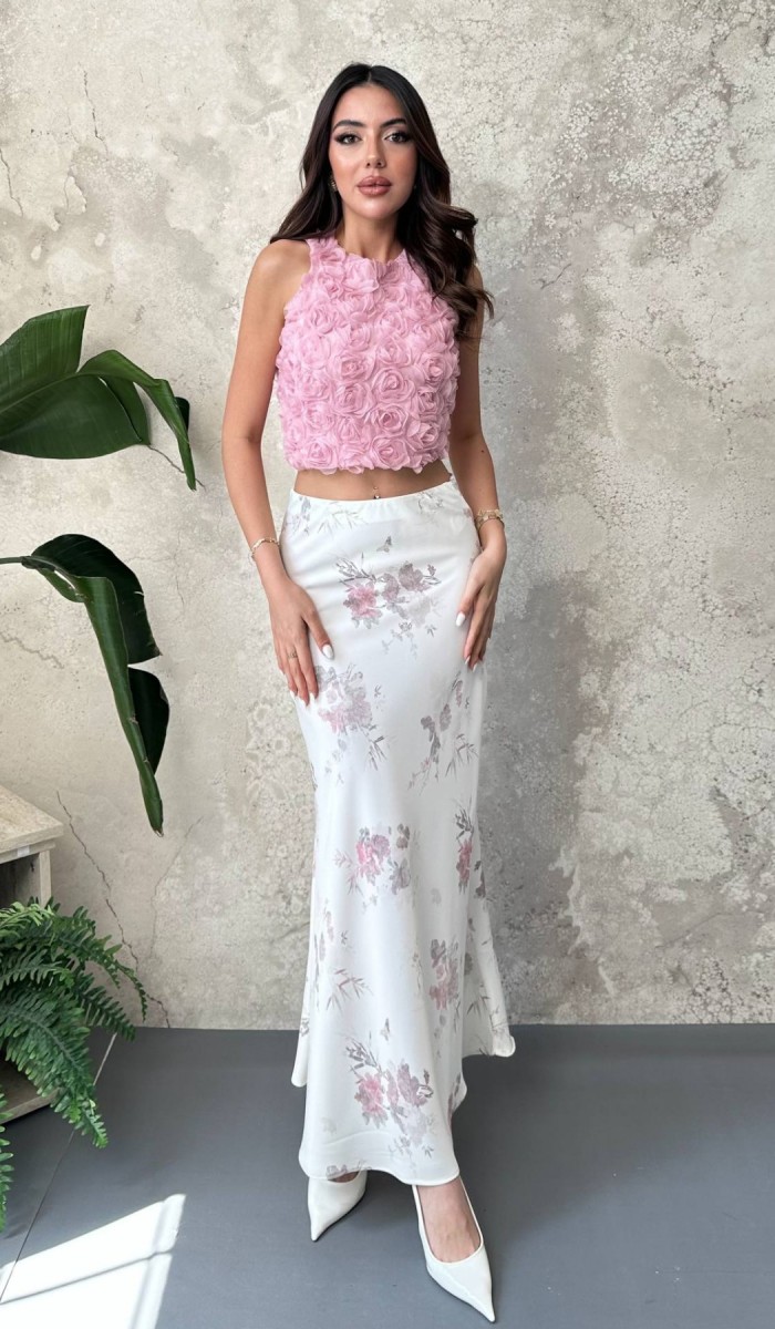 Ekru Saten Soft Çiçekli Etek L