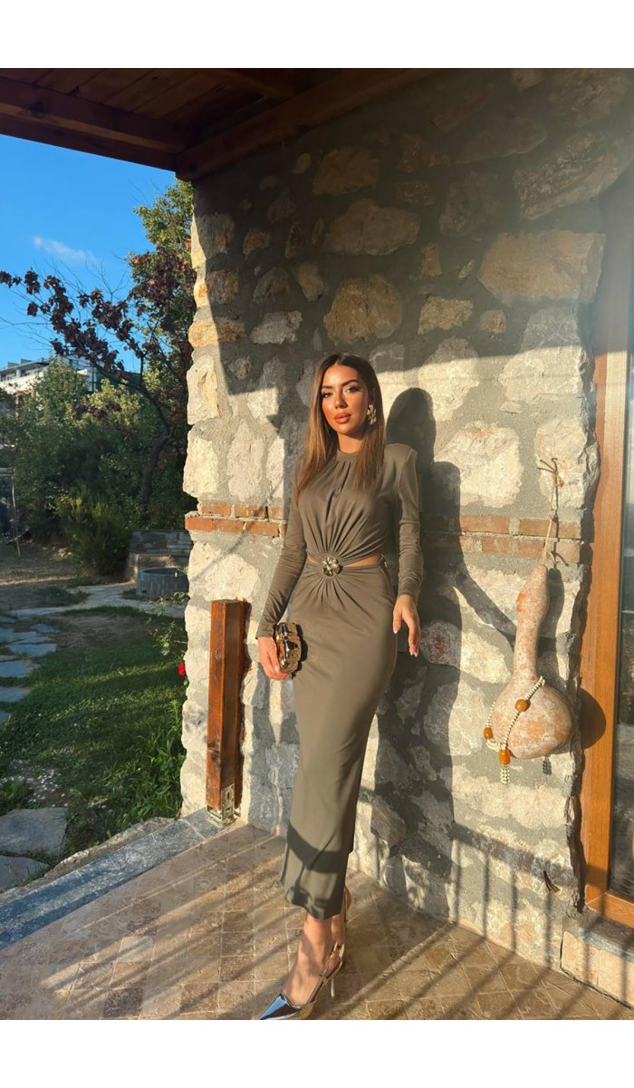 Haki Pencere Detaylı Büzgülü Elbise L