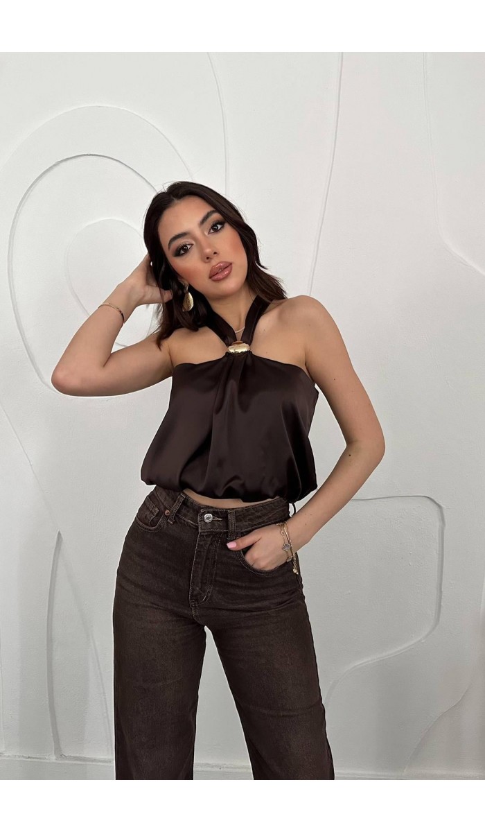 Kahverengi Toka Detaylı Bluz L Kahverengi Toka Detaylı Bluz L