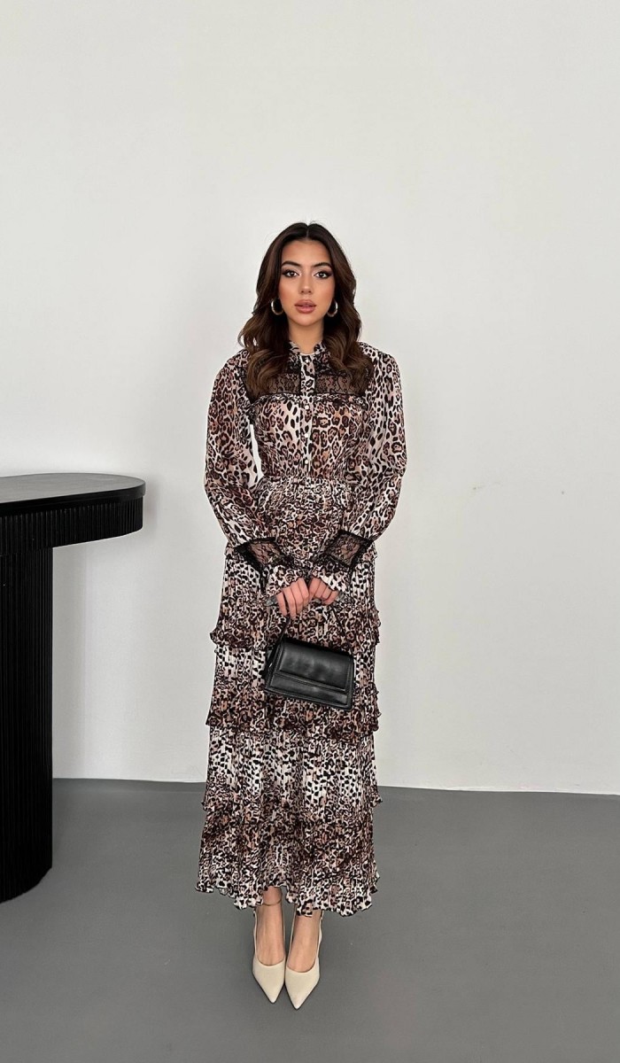 Leopar Pilise Detaylı Lastikli Elbise L Leopar Pilise Detaylı Lastikli Elbise L