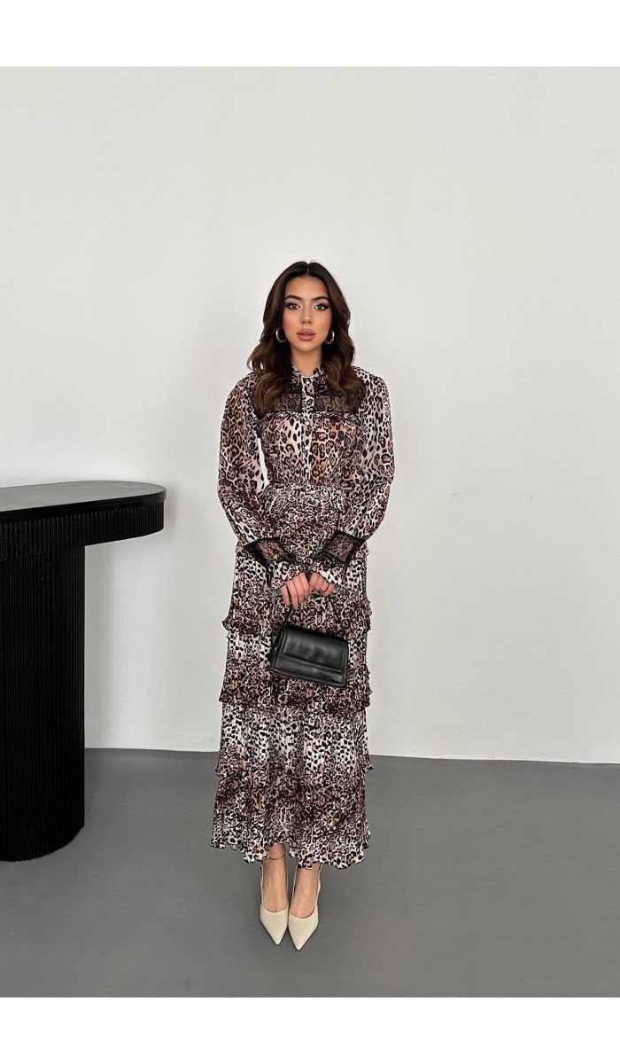 Leopar Pilise Detaylı Lastikli Elbise L Leopar Pilise Detaylı Lastikli Elbise L