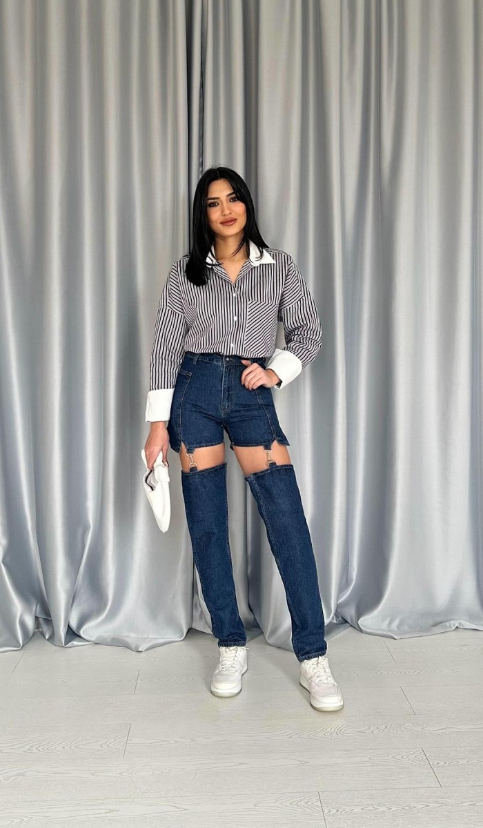 Mavi Askılı İki Parça Jeans Pantolon L