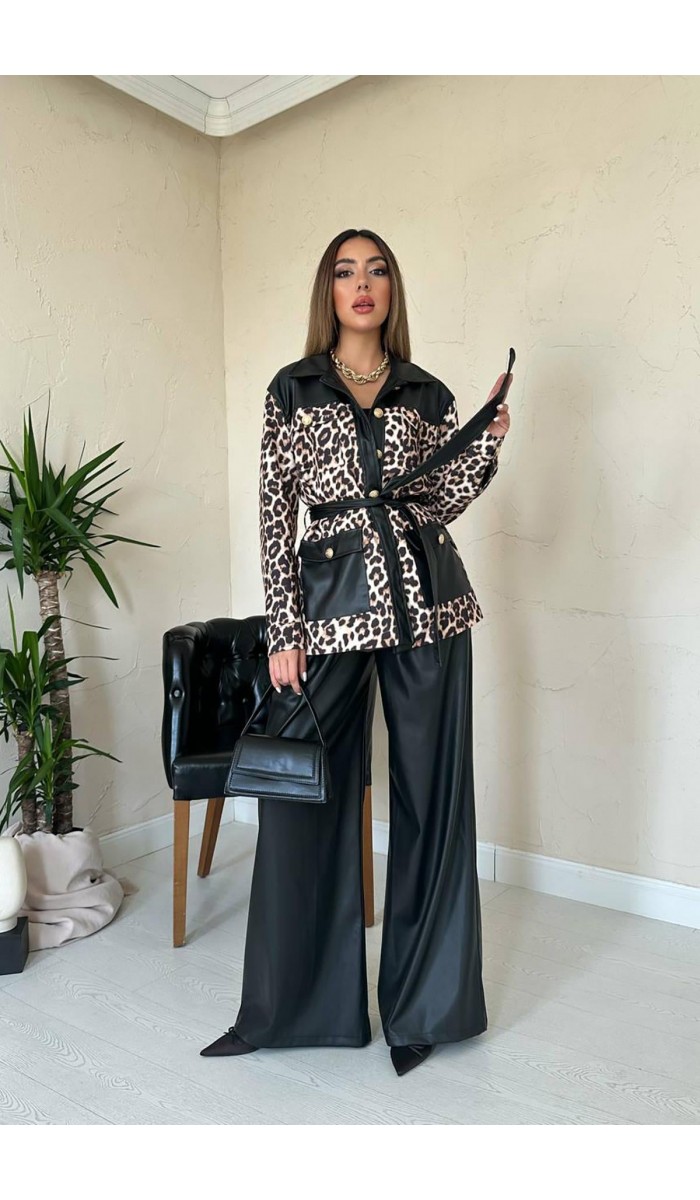 Siyah Deri Garnili Leopar Takım L Siyah Deri Garnili Leopar Takım L