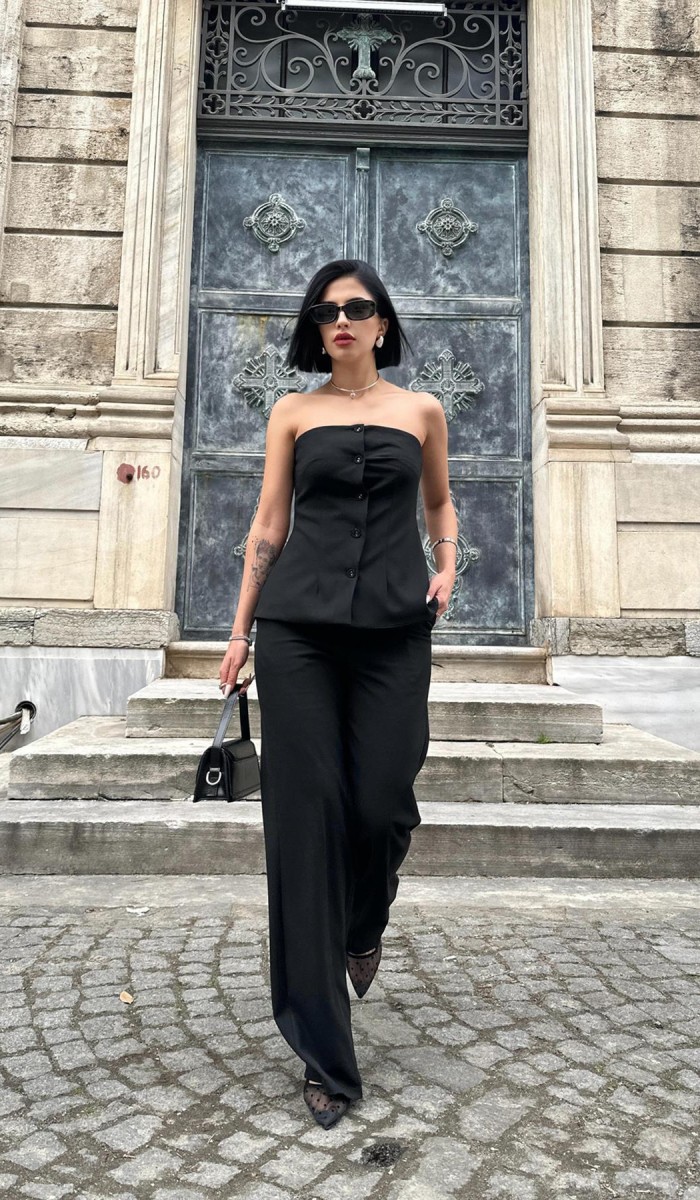 Siyah Straplez Düğmeli Crop Ve Pantolon Takım L