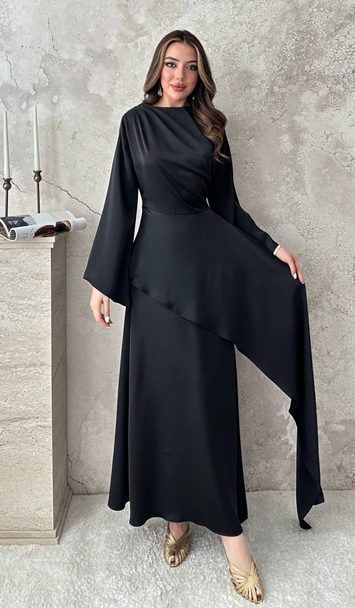 Siyah Yandan Bağlamalı Saten Elbise L