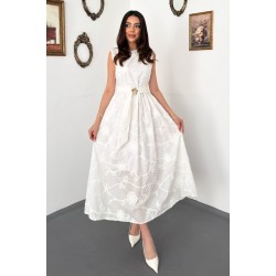 Beyaz Beli Büzgülü Kuşaklı Elbise L