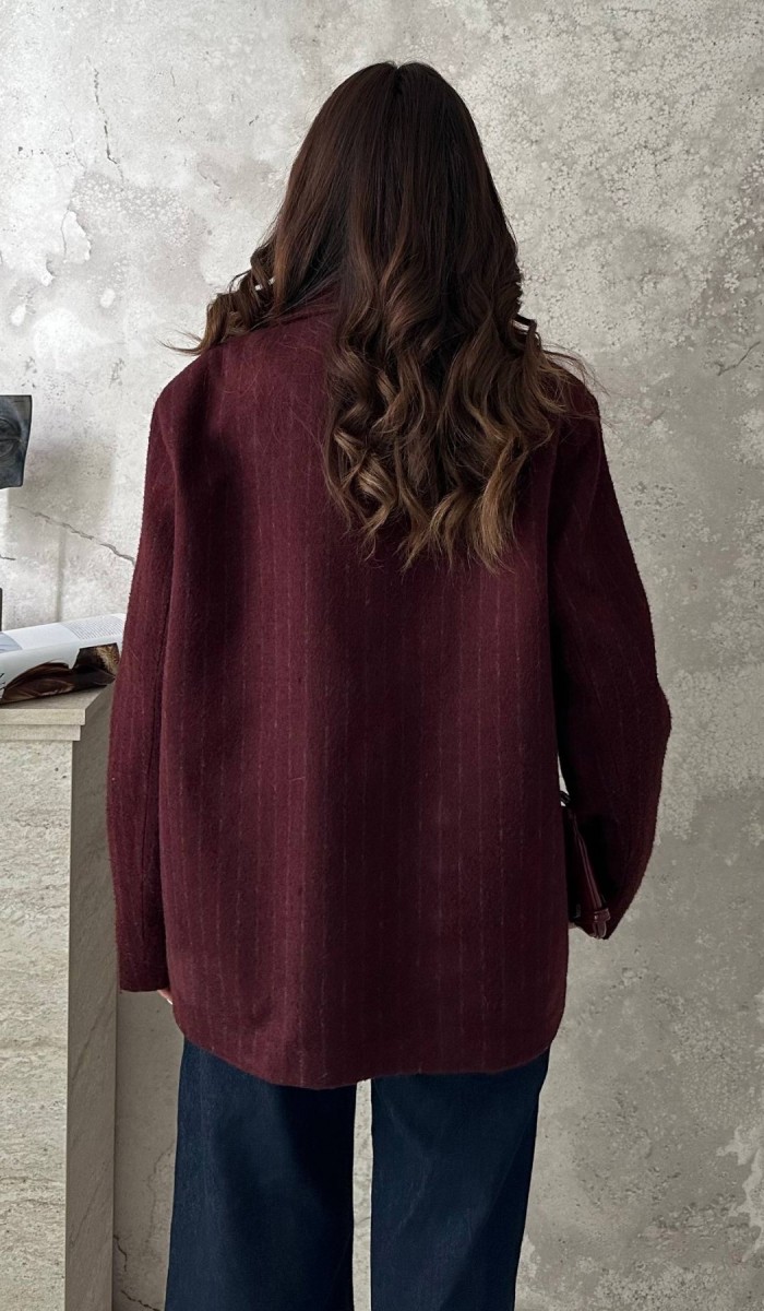 Bordo Çizgili Yün Ceket L