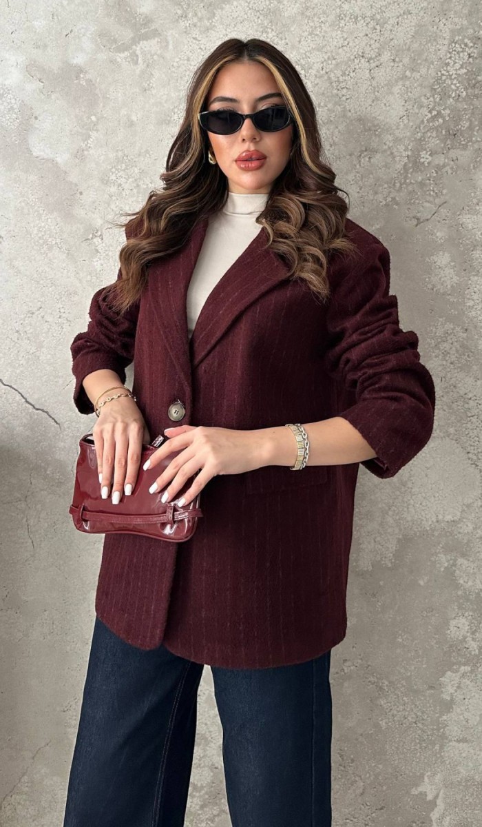 Bordo Çizgili Yün Ceket L