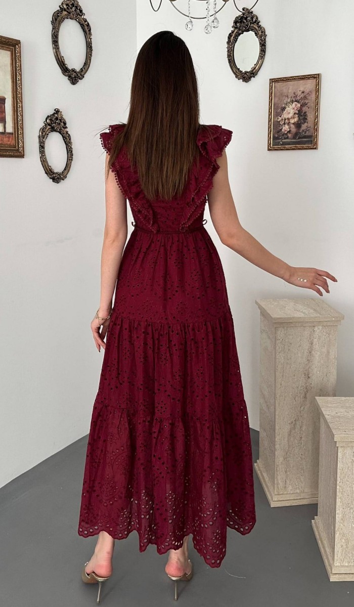 37479 - Bordo Fırfırlı Düğmeli Elbise L Bordo Fırfırlı Düğmeli Elbise L